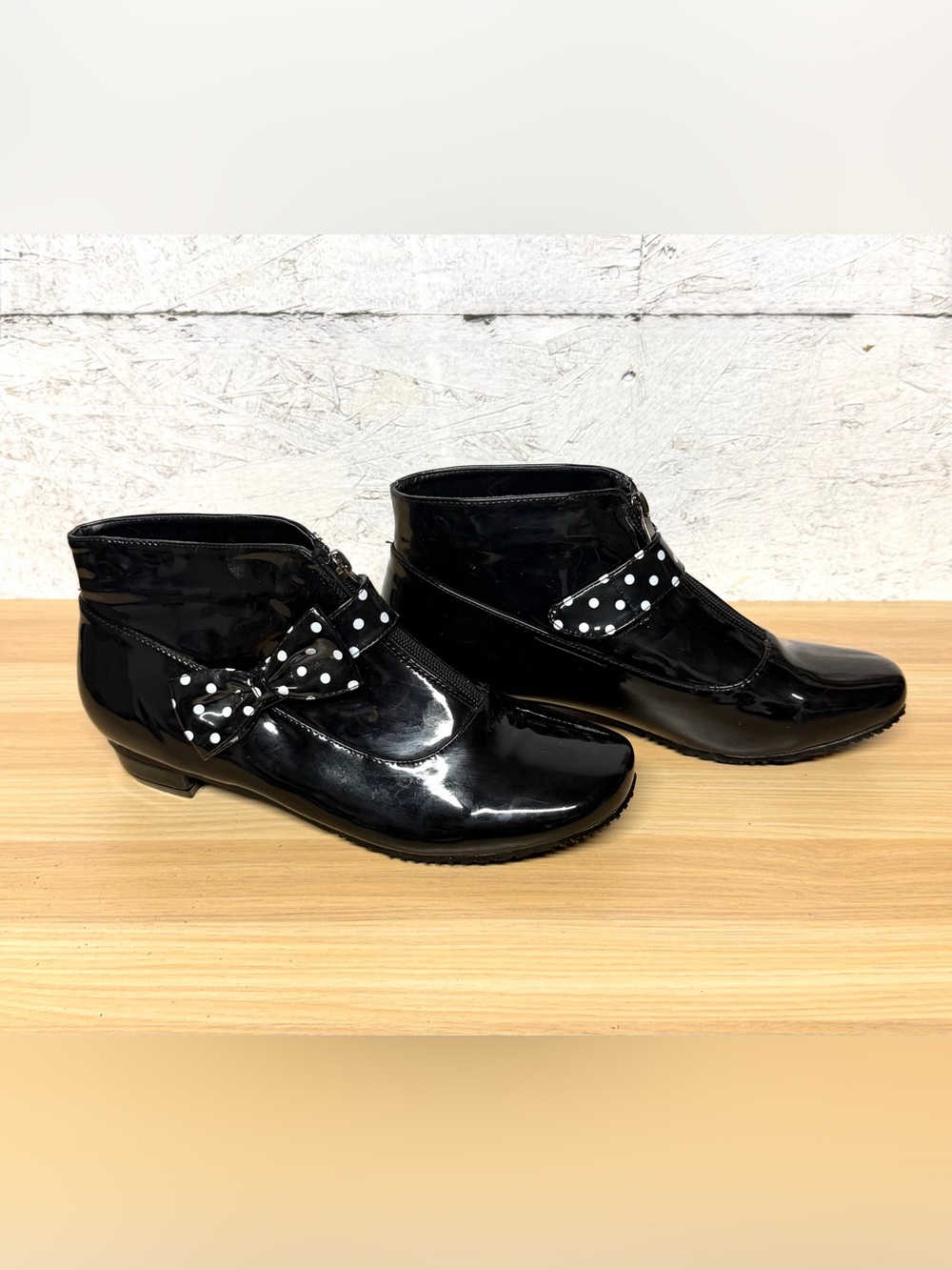 Beacon Fashion Women’s Black Patent Ankle Booties with Polka Dot Bow